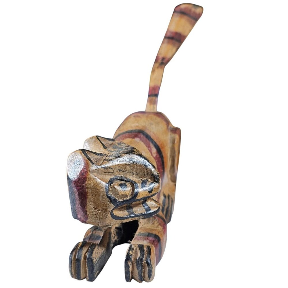 Vintage Guatemala Hand Carved Wood Cat Figurine Folk Art Painted Striped Wooden - Picture 2 of 10
